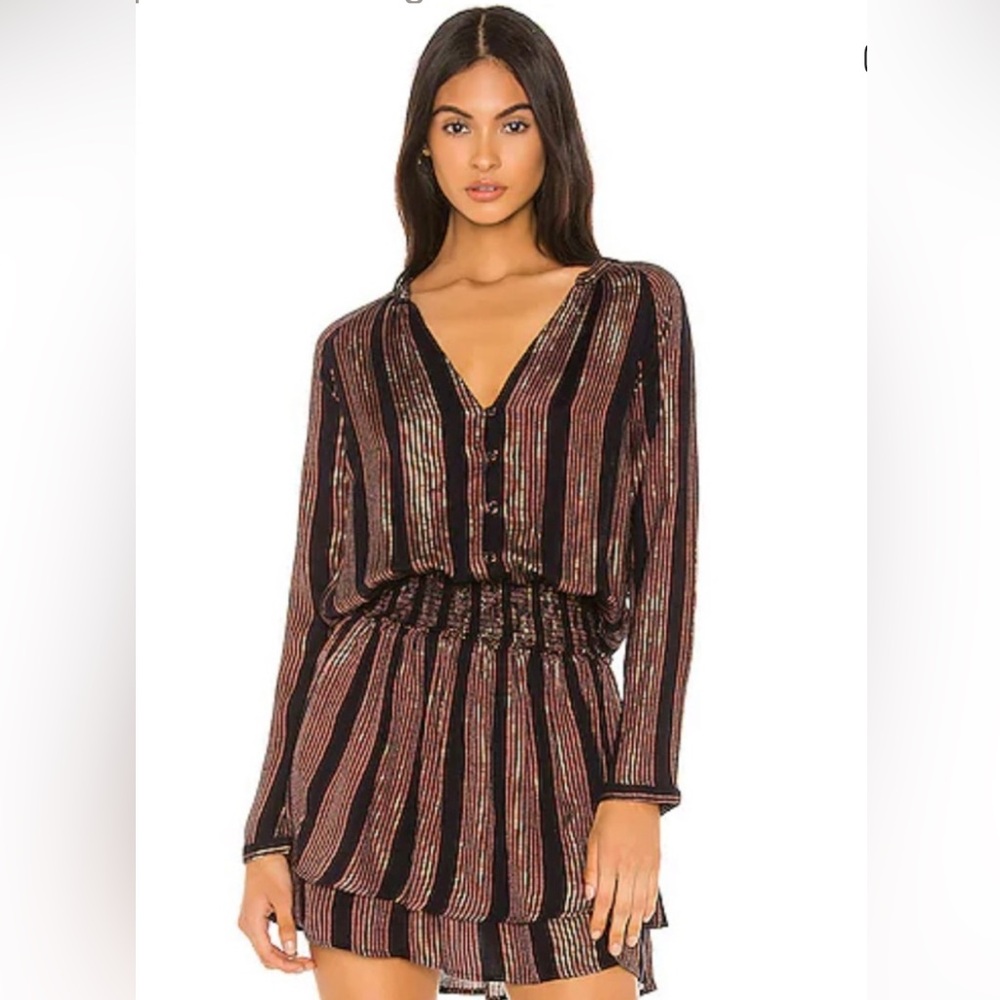 Rails Striped Metallic Smocked Long Sleeve Dress - Small